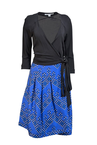 Diane von Furstenberg - Black Bodice w/ Blue Print Bottom Wrap Dress Sz 10 - Current Boutique