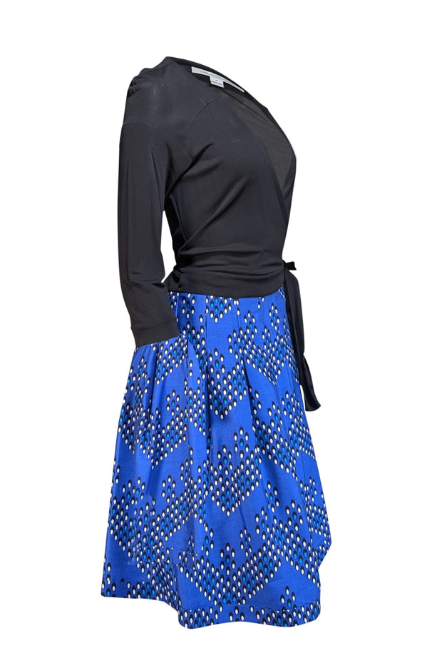 Diane von Furstenberg - Black Bodice w/ Blue Print Bottom Wrap Dress Sz 10 - Current Boutique