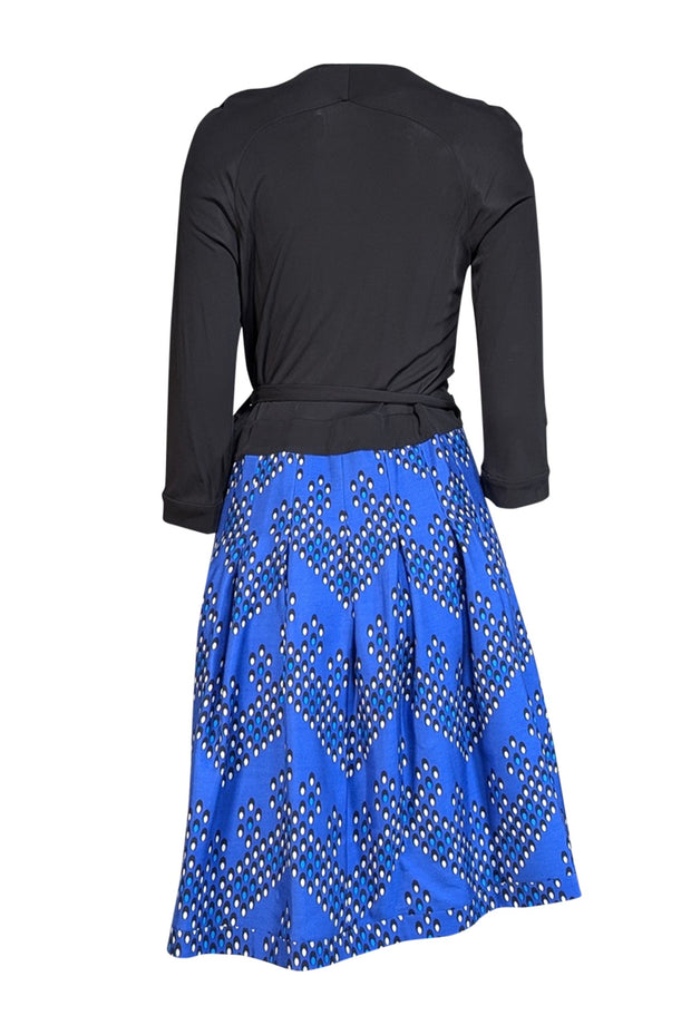 Diane von Furstenberg - Black Bodice w/ Blue Print Bottom Wrap Dress Sz 10 - Current Boutique