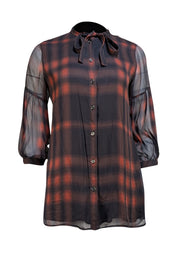 Burberry Brit - Black & Red Check Sheer Button Down Blouse Sz XS - Current Boutique