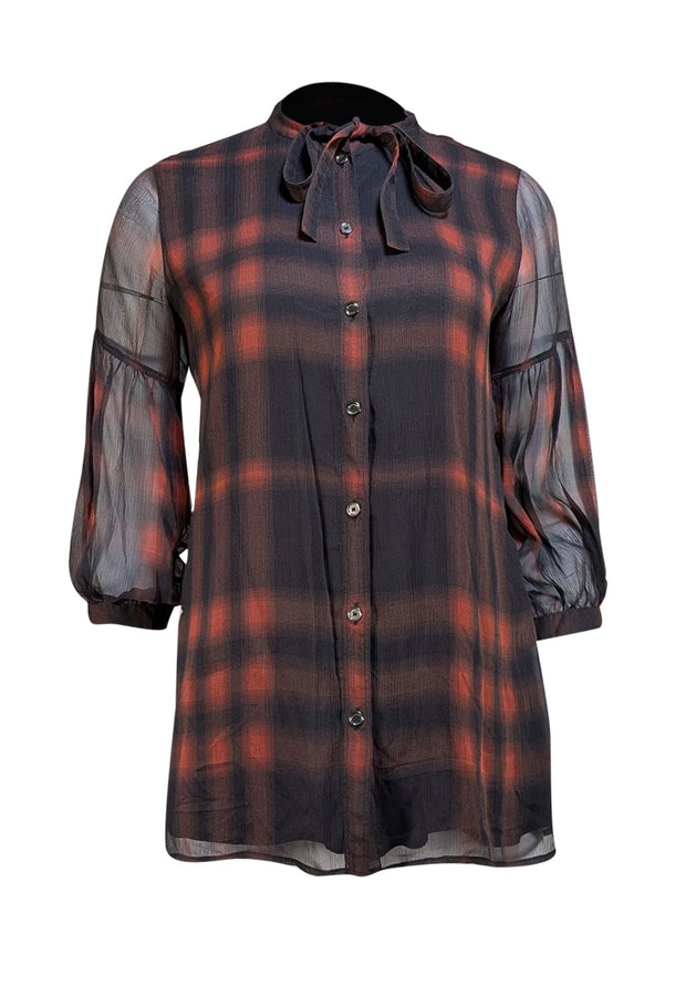 Burberry Brit - Black & Red Check Sheer Button Down Blouse Sz XS - Current Boutique