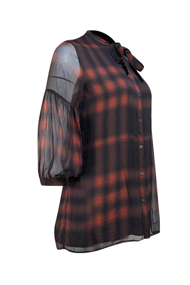Burberry Brit - Black & Red Check Sheer Button Down Blouse Sz XS - Current Boutique