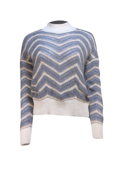 Fabiana Filippi - Grey & Cream Chevron Mock Neck Sweater Sz M - Current Boutique