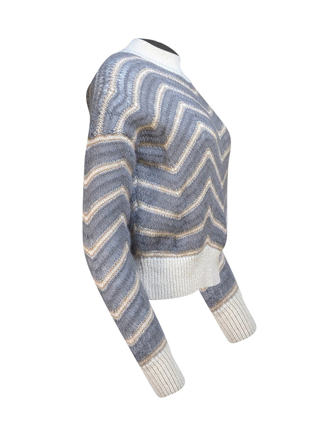 Fabiana Filippi - Grey & Cream Chevron Mock Neck Sweater Sz M - Current Boutique