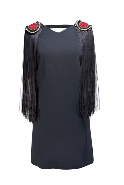 La Perla - Black Sleeveless Beaded Trim Fringe Shoulder Dress Sz 6 - Current Boutique