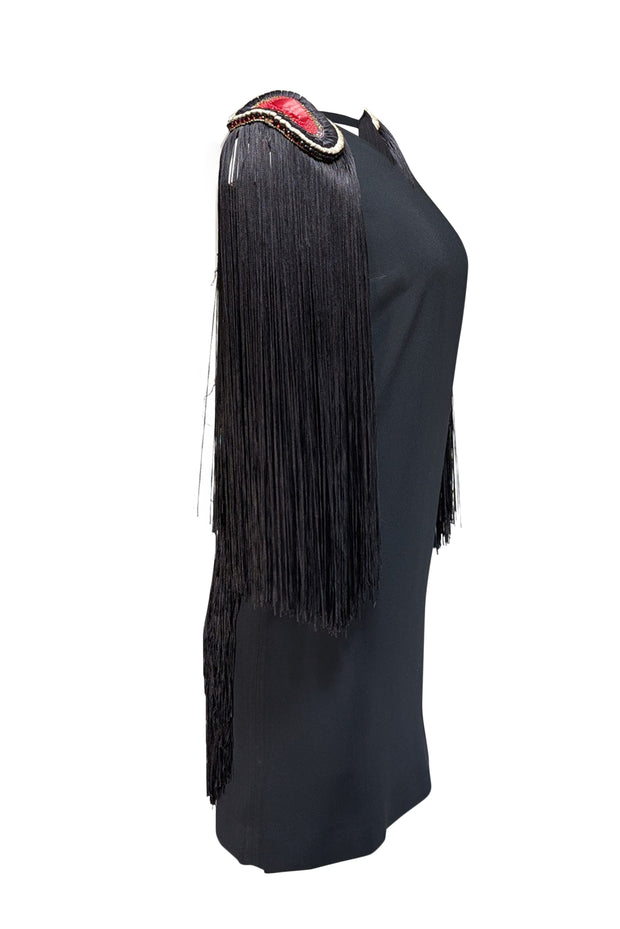 La Perla - Black Sleeveless Beaded Trim Fringe Shoulder Dress Sz 6 - Current Boutique