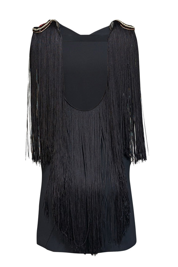 La Perla - Black Sleeveless Beaded Trim Fringe Shoulder Dress Sz 6 - Current Boutique