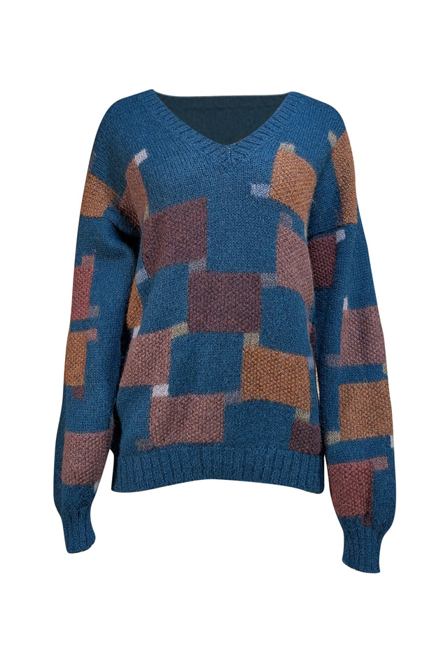 Peruvian Connection - Teal Blue & Dark Purple Patterned Alpaca Sweater Sz L - Current Boutique