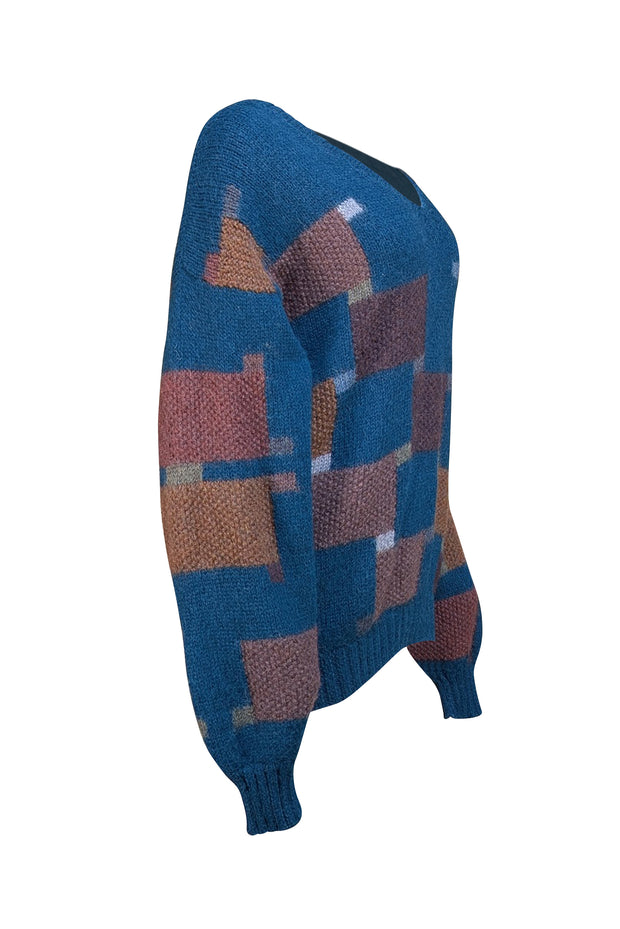 Peruvian Connection - Teal Blue & Dark Purple Patterned Alpaca Sweater Sz L - Current Boutique