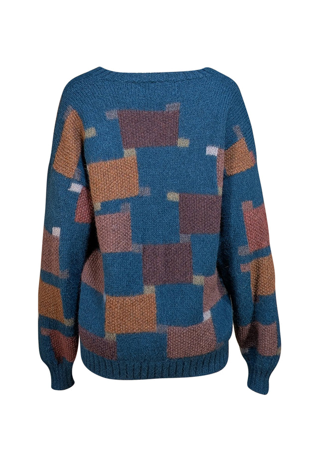 Peruvian Connection - Teal Blue & Dark Purple Patterned Alpaca Sweater Sz L - Current Boutique
