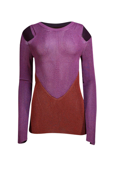Etro - Purple w/ Red Colorblock Cold Shoulder Sweater Sz 6 - Current Boutique