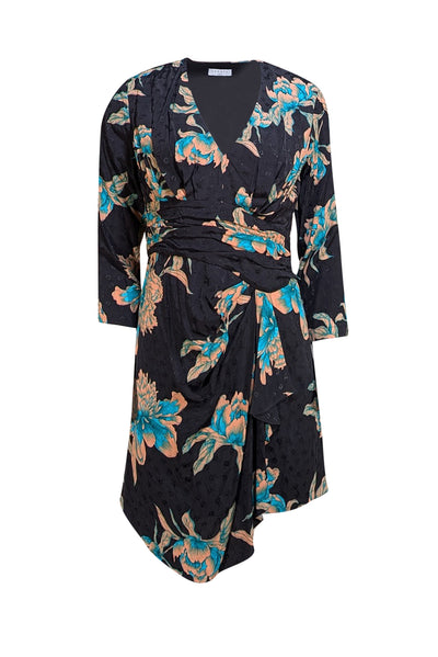 Sandro - Black w/ Peach & Teal Floral Print Jacquard Draped Dress Sz 6 - Current Boutique