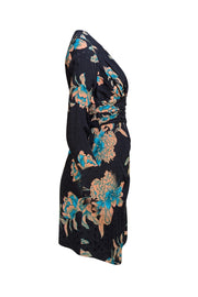 Sandro - Black w/ Peach & Teal Floral Print Jacquard Draped Dress Sz 6 - Current Boutique