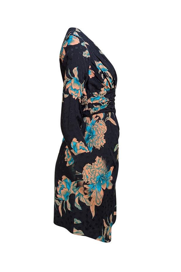 Sandro - Black w/ Peach & Teal Floral Print Jacquard Draped Dress Sz 6 - Current Boutique