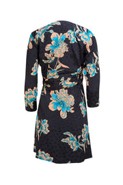 Sandro - Black w/ Peach & Teal Floral Print Jacquard Draped Dress Sz 6 - Current Boutique