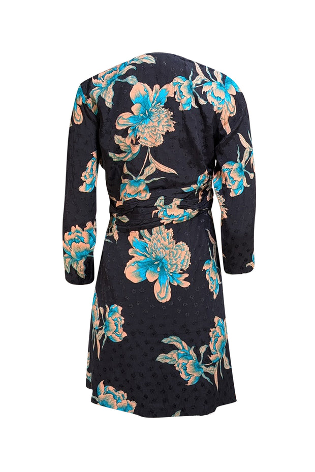 Sandro - Black w/ Peach & Teal Floral Print Jacquard Draped Dress Sz 6 - Current Boutique