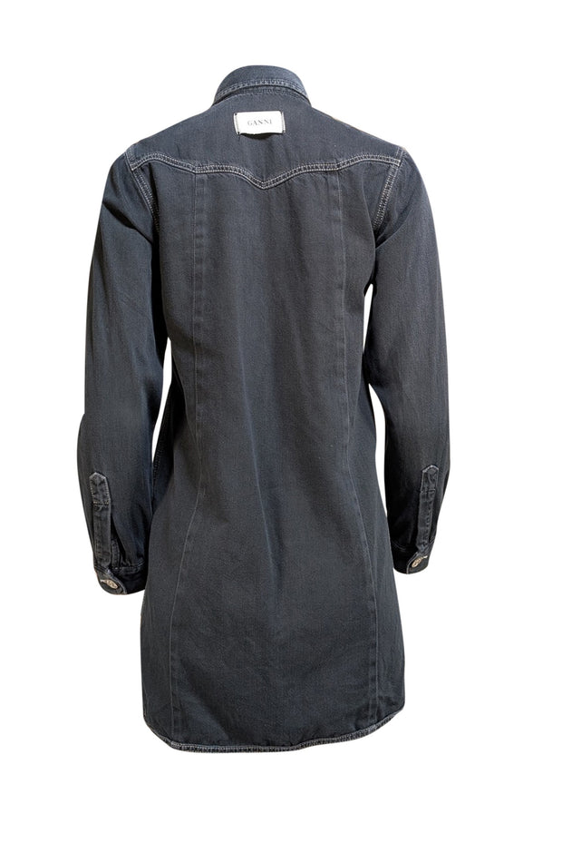 Ganni - Black Denim "Kress" Mini Shirt Dress Sz 4 - Current Boutique
