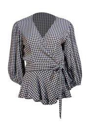 Ganni - Black & White Gingham Wrap Blouse Sz 6