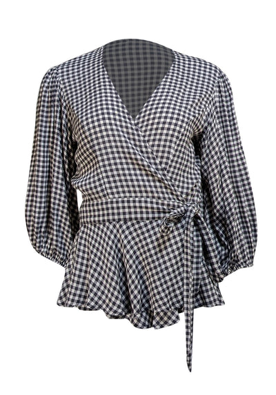 Ganni - Black & White Gingham Wrap Blouse Sz 6