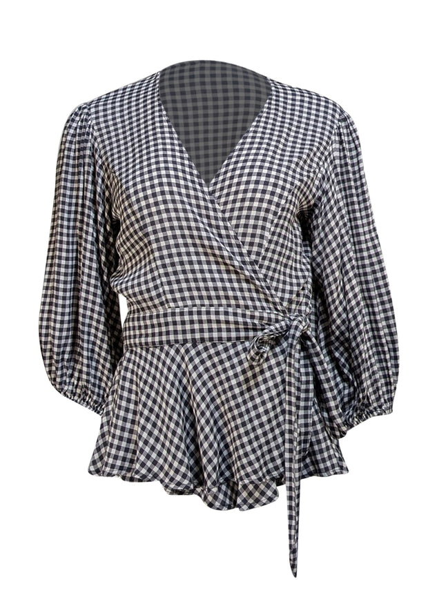 Ganni - Black & White Gingham Wrap Blouse Sz 6