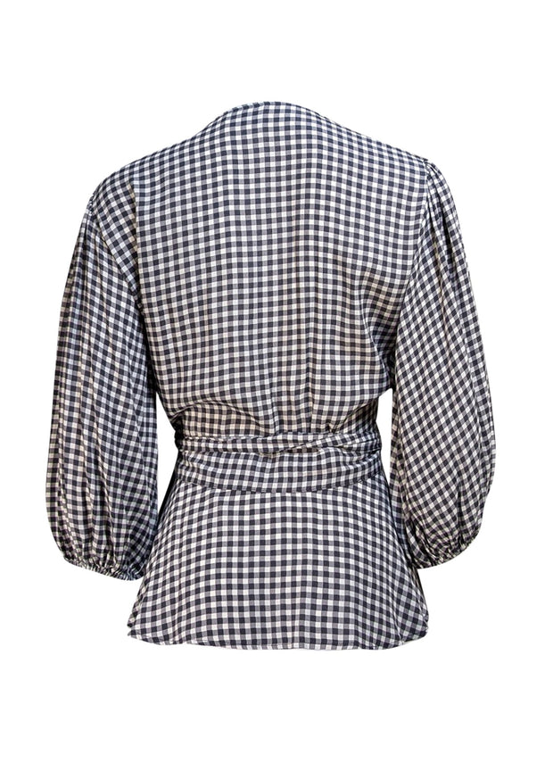Ganni - Black & White Gingham Wrap Blouse Sz 6