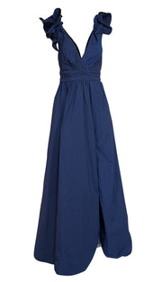 Marchesa Notte - Navy V-Neck Ruffle Long Dress Sz 10 - Current Boutique