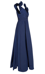 Marchesa Notte - Navy V-Neck Ruffle Long Dress Sz 10 - Current Boutique