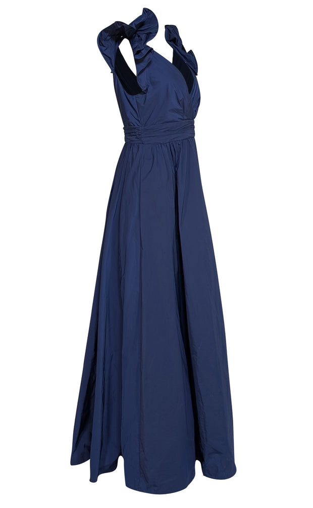 Marchesa Notte - Navy V-Neck Ruffle Long Dress Sz 10 - Current Boutique