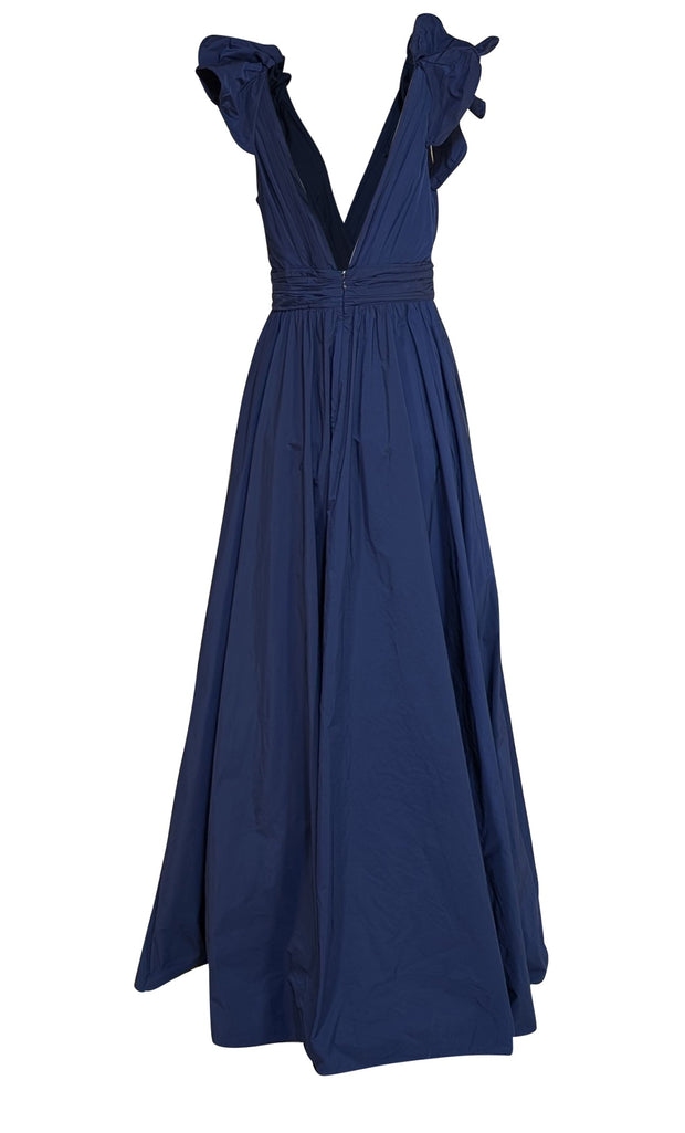 Marchesa Notte - Navy V-Neck Ruffle Long Dress Sz 10 - Current Boutique