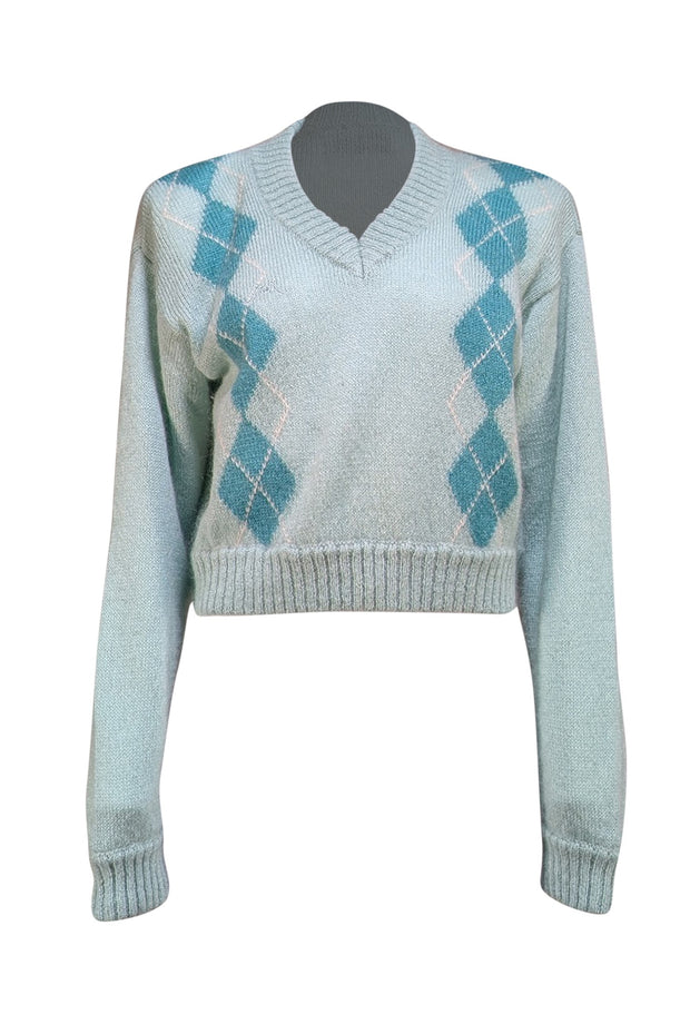 Rowen Rose - Seafoam Green Argyle Mohair Blend Sweater Sz L - Current Boutique