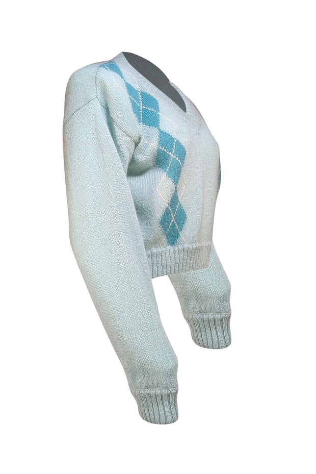 Rowen Rose - Seafoam Green Argyle Mohair Blend Sweater Sz L - Current Boutique