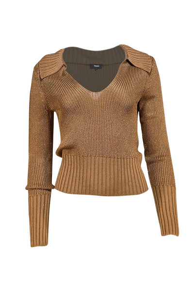 Theory - Tan Slinky Knit Collar Neckline Sweater Sz M - Current Boutique
