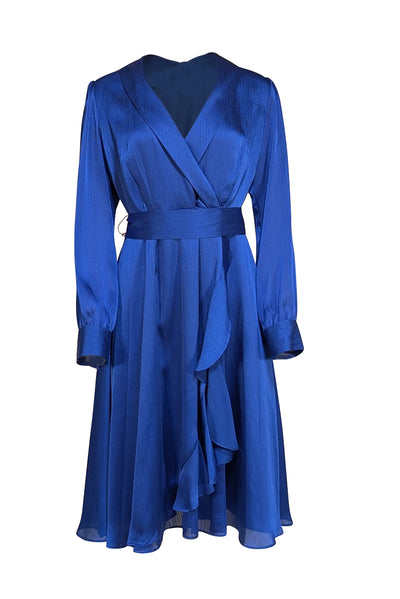 Hobbs - Blue Textured "Sally" Faux Wrap Dress Sz 10 - Current Boutique