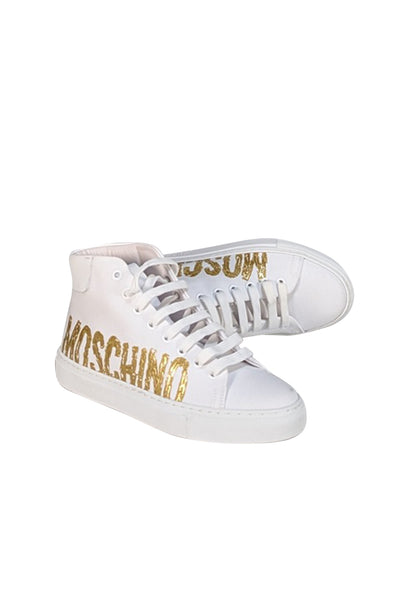 Moschino - White Canvas High Top Sneakers w/ Gold Lettering Sz 7 - Current Boutique