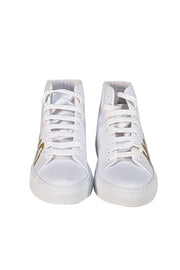 Moschino - White Canvas High Top Sneakers w/ Gold Lettering Sz 7 - Current Boutique