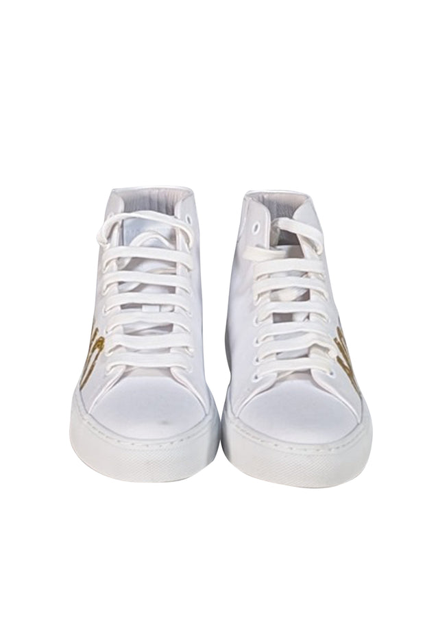 Moschino - White Canvas High Top Sneakers w/ Gold Lettering Sz 7 - Current Boutique