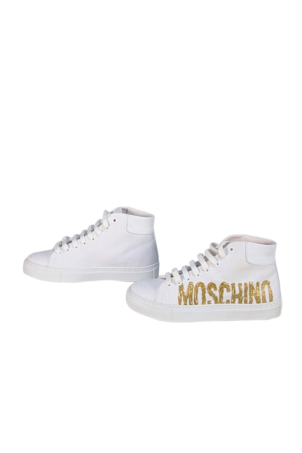 Moschino - White Canvas High Top Sneakers w/ Gold Lettering Sz 7 - Current Boutique