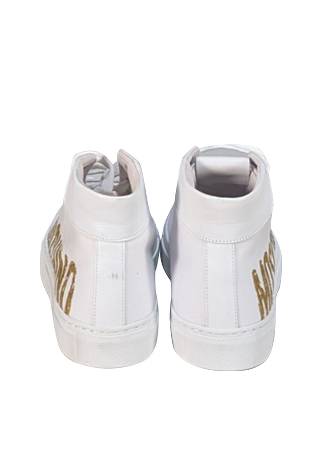 Moschino - White Canvas High Top Sneakers w/ Gold Lettering Sz 7 - Current Boutique