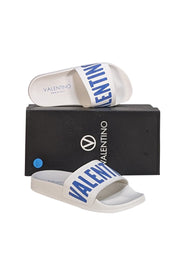 Valentino by Mario Valentino - White & Blue Logo Slide Sandals Sz 6 - Current Boutique