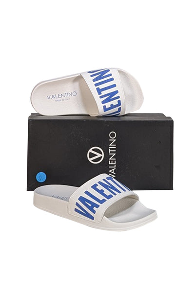 Valentino by Mario Valentino - White & Blue Logo Slide Sandals Sz 6 - Current Boutique