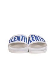Valentino by Mario Valentino - White & Blue Logo Slide Sandals Sz 6 - Current Boutique