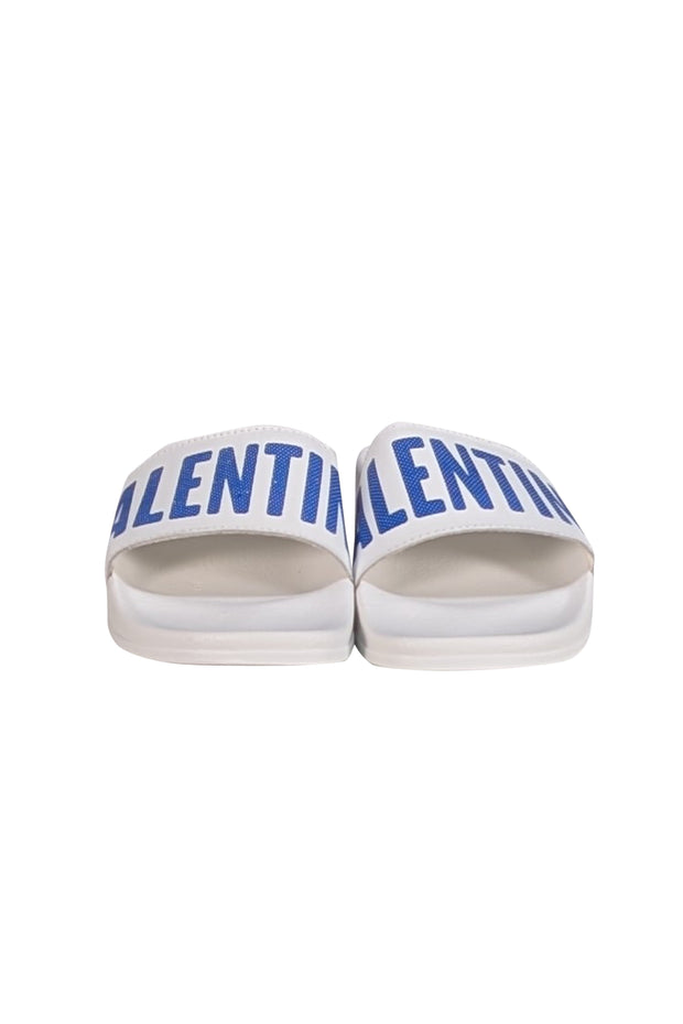 Valentino by Mario Valentino - White & Blue Logo Slide Sandals Sz 6 - Current Boutique