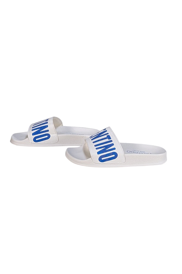 Valentino by Mario Valentino - White & Blue Logo Slide Sandals Sz 6 - Current Boutique