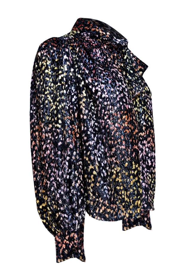 IRO - Black & Multi Color Pouna Tie Neck Texture Velvet Burnout Top Sz 2 - Current Boutique