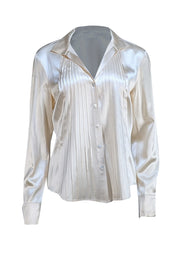 Lafayette 148 - Champagne Silk Pleated Collared Blouse Sz 10 - Current Boutique