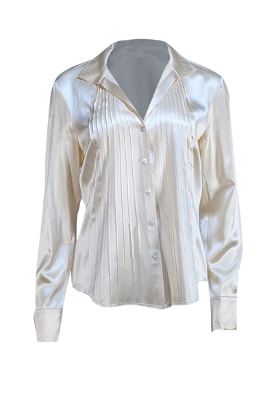 Lafayette 148 - Champagne Silk Pleated Collared Blouse Sz 10 - Current Boutique