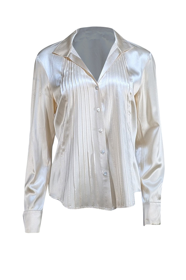 Lafayette 148 - Champagne Silk Pleated Collared Blouse Sz 10 - Current Boutique