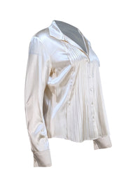 Lafayette 148 - Champagne Silk Pleated Collared Blouse Sz 10 - Current Boutique
