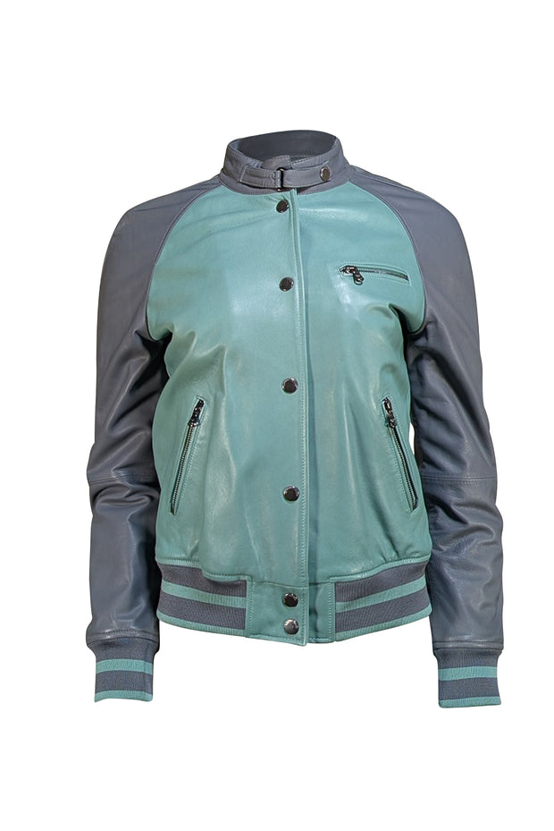 Emporio Armani - Green & Grey Leather Bomber Jacket Sz 6 - Current Boutique