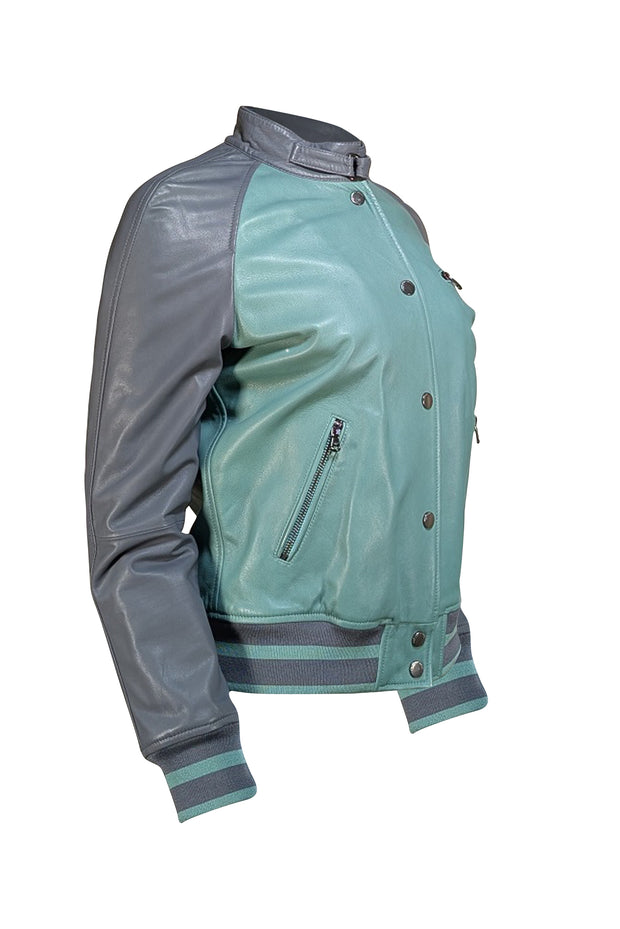 Emporio Armani - Green & Grey Leather Bomber Jacket Sz 6 - Current Boutique